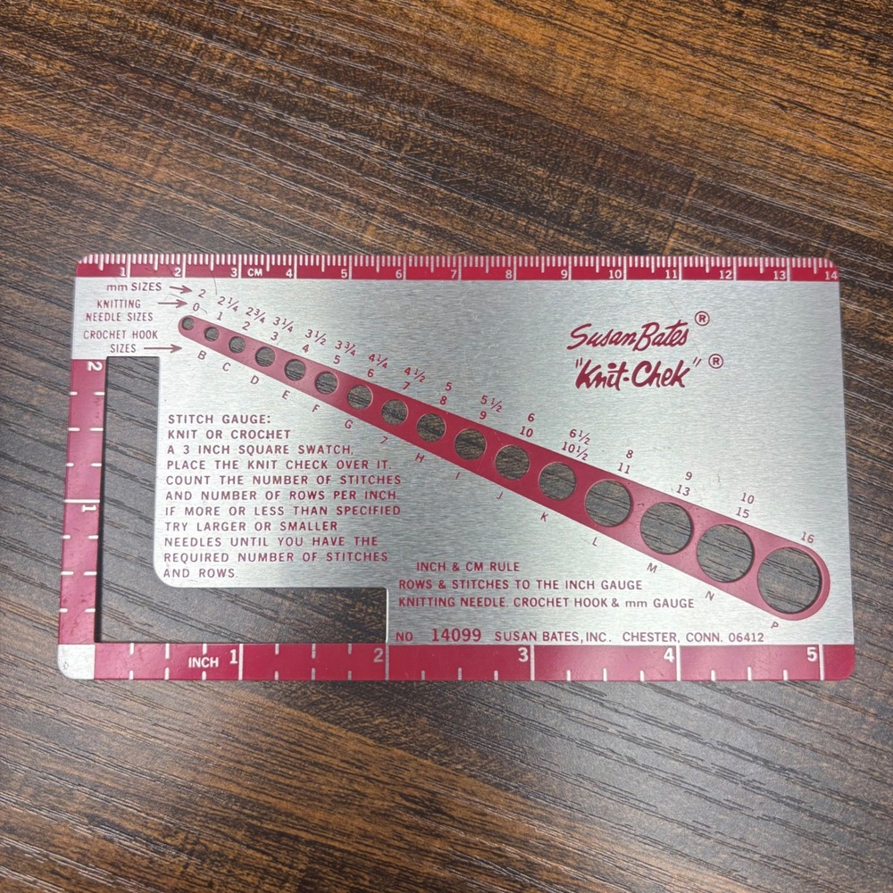Susan Bates Knit-Chek Knitting Needle Crochet Hook Gauge Metal Ruler Tool 14099